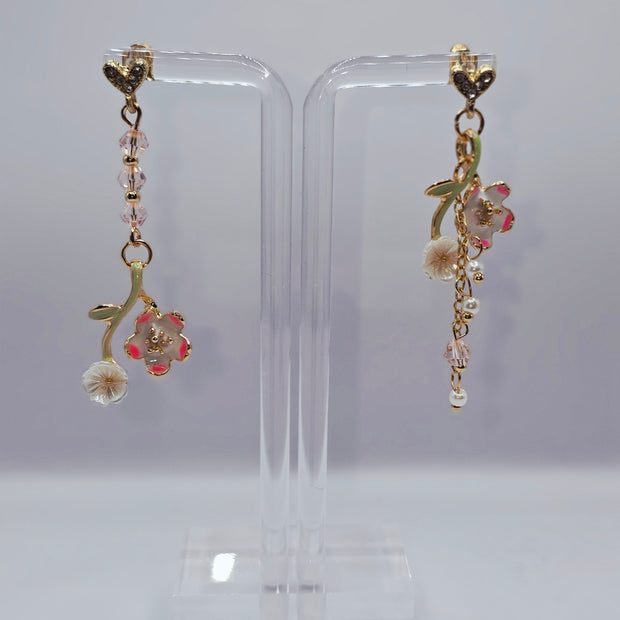 Asymmetrical Cherry Blossom Tassel Earrings
