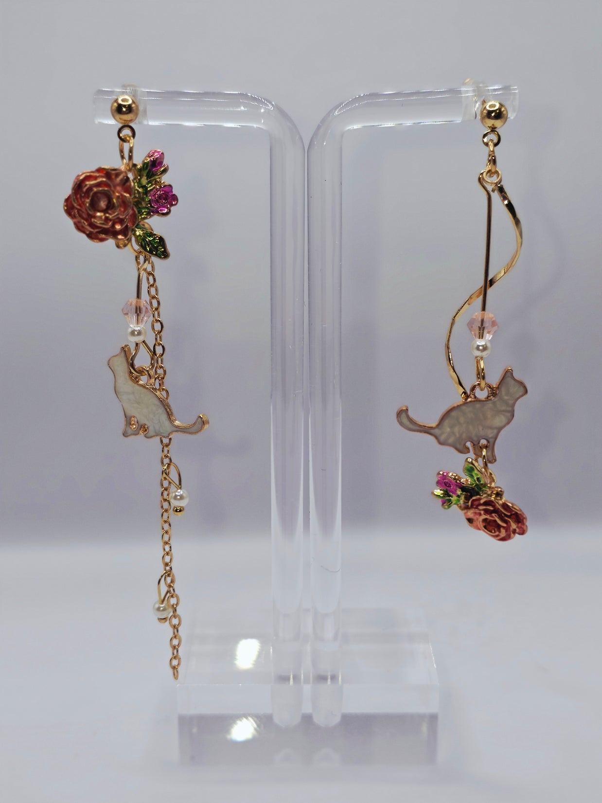 Rose Blossom & White Cat Asymmetrical Earrings