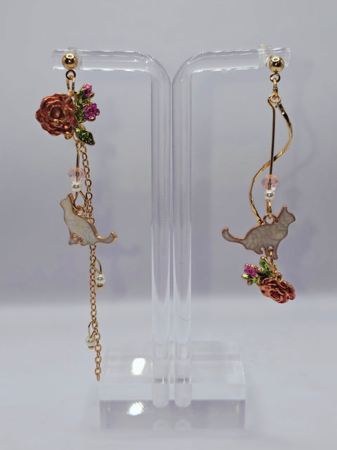 Rose Blossom & White Cat Asymmetrical Earrings