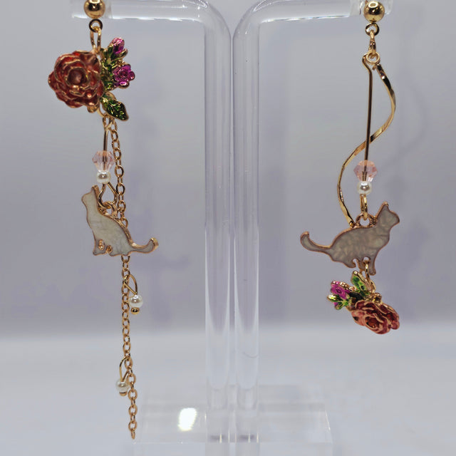 Rose Blossom & White Cat Asymmetrical Earrings