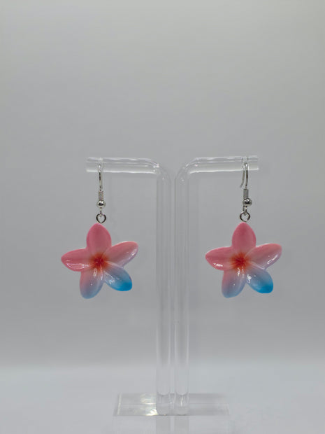 Pink & Blue Plumeria Flower Earrings