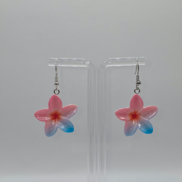 Pink & Blue Plumeria Flower Earrings