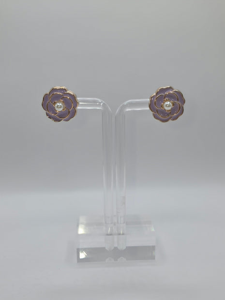 Purple Camellia Flower Stud Earrings