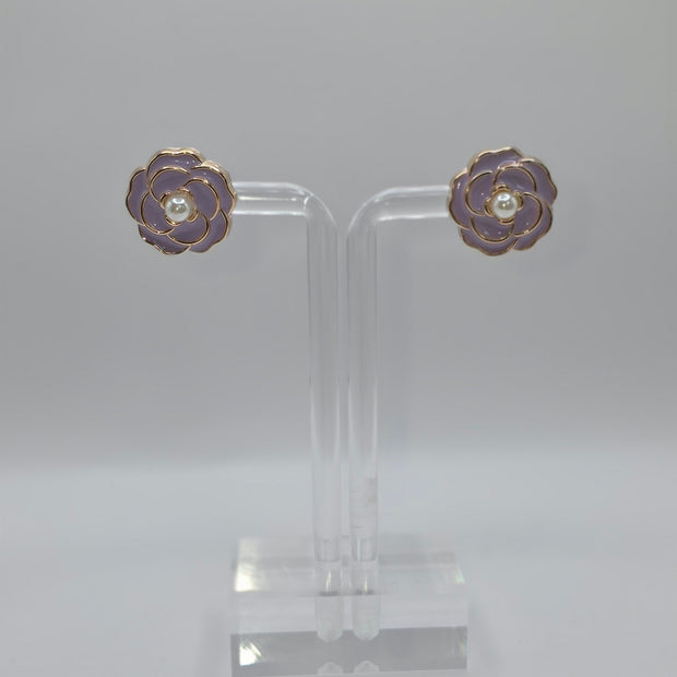 Purple Camellia Flower Stud Earrings