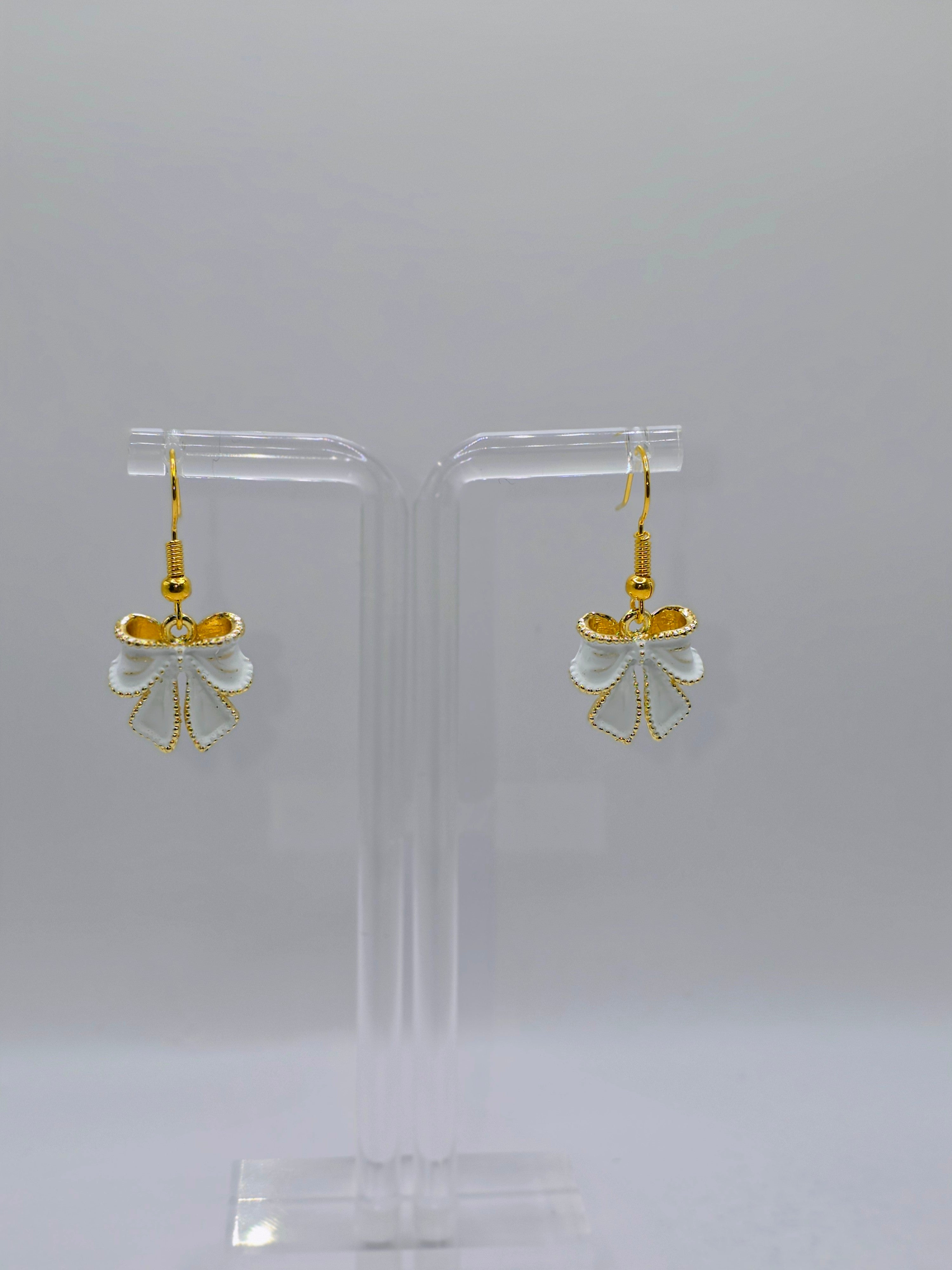 White & Gold Bow Earrings