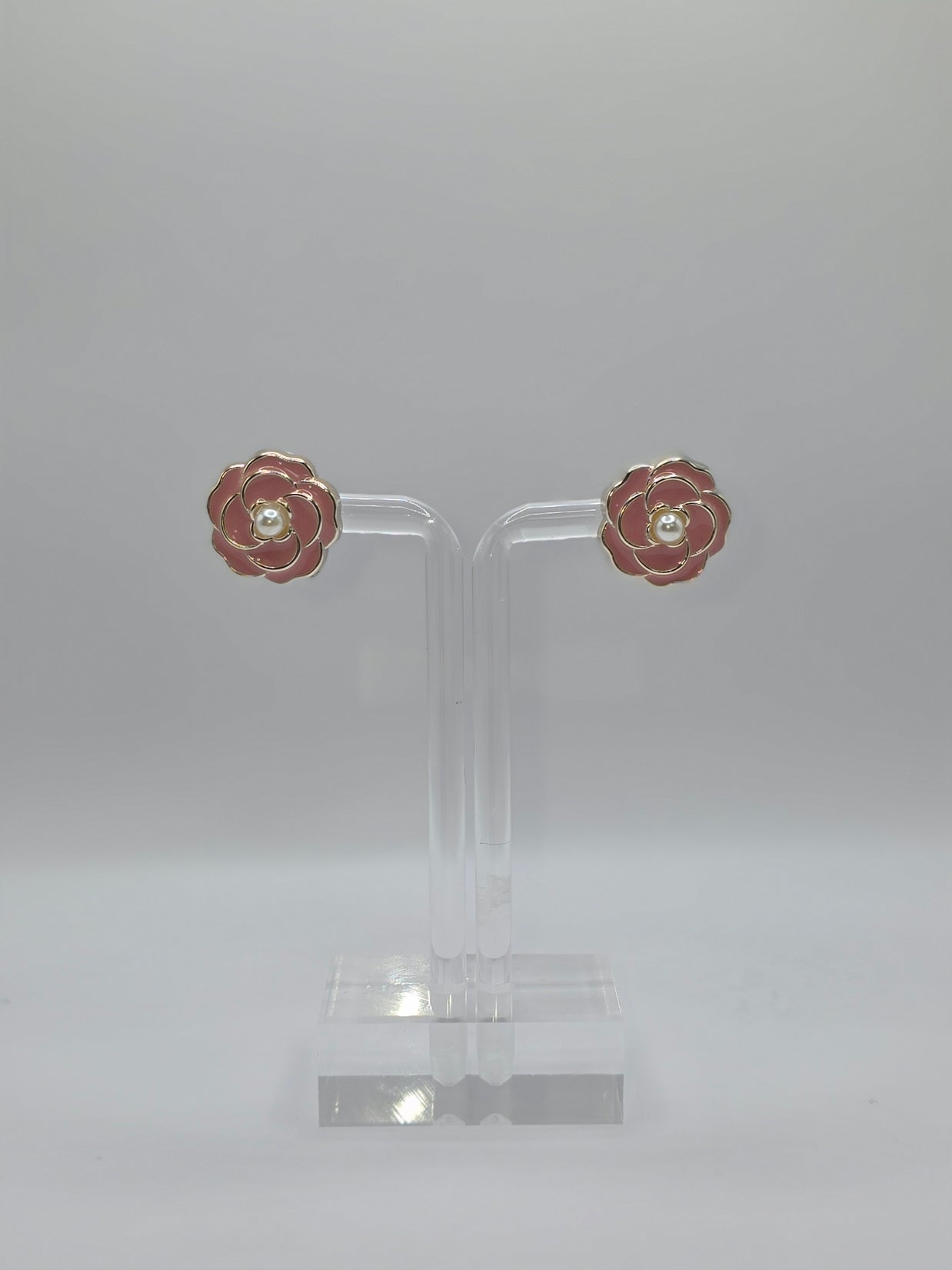 Pink Camellia Flower Stud Earrings