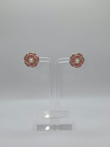 Pink Camellia Flower Stud Earrings