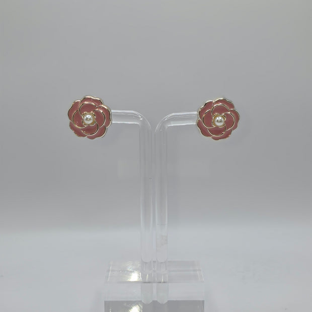 Pink Camellia Flower Stud Earrings