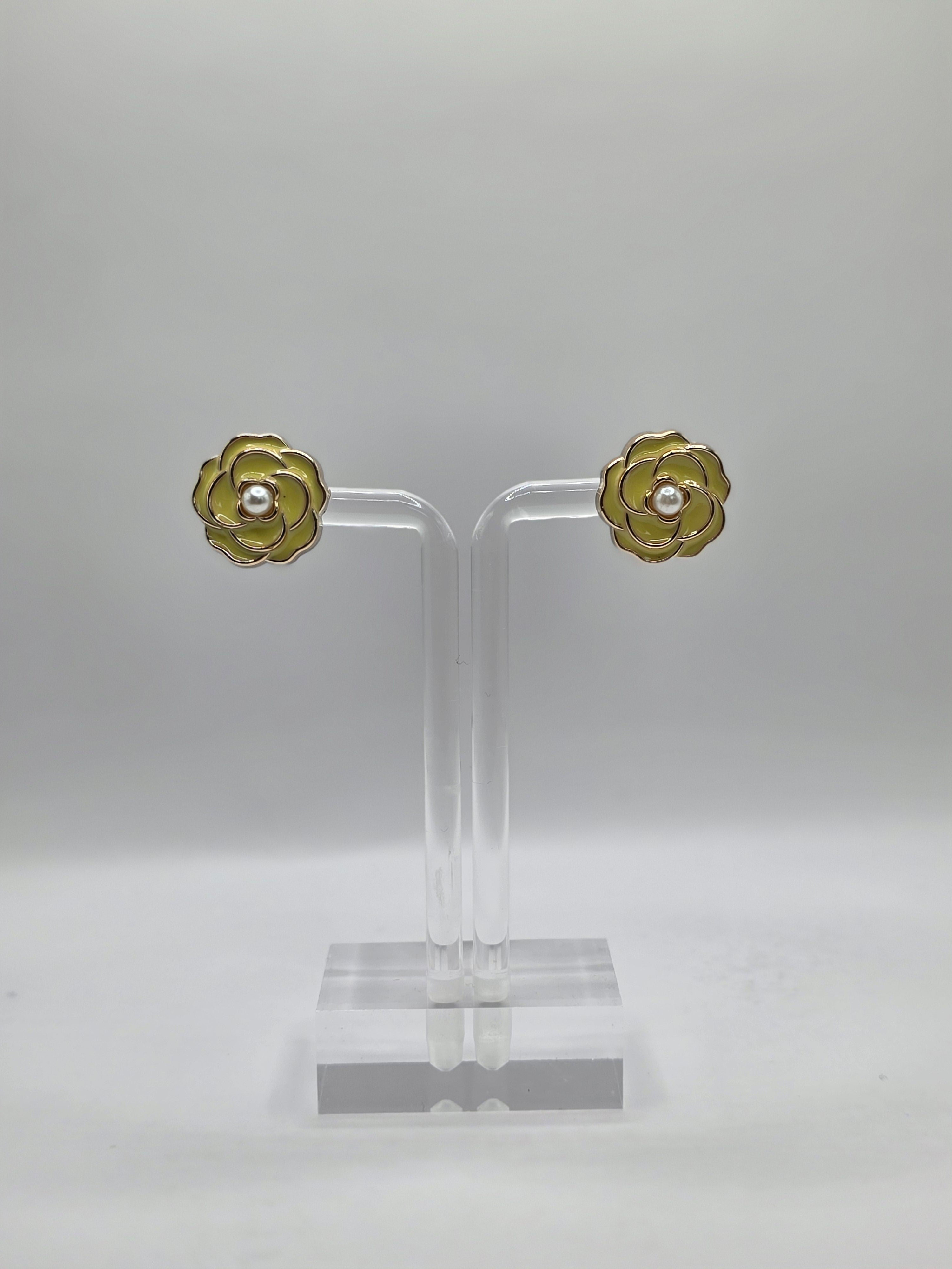 Yellow Camellia Flowers Stud Earrings