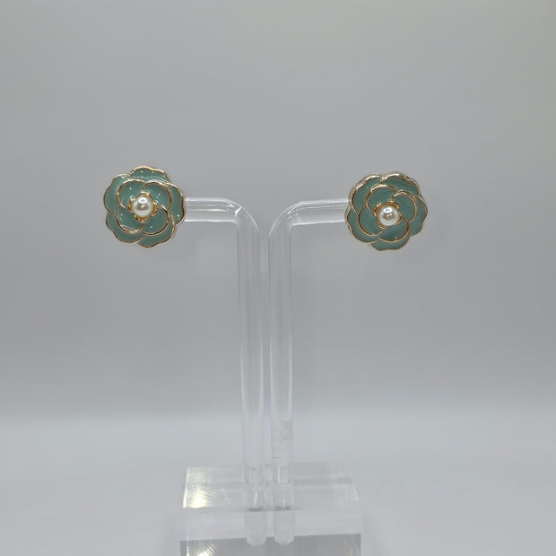 Blue Camellia Flower Stud Earrings