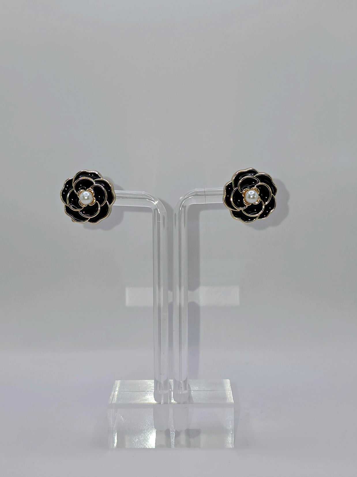 Black Camellia Flower Stud Earrings
