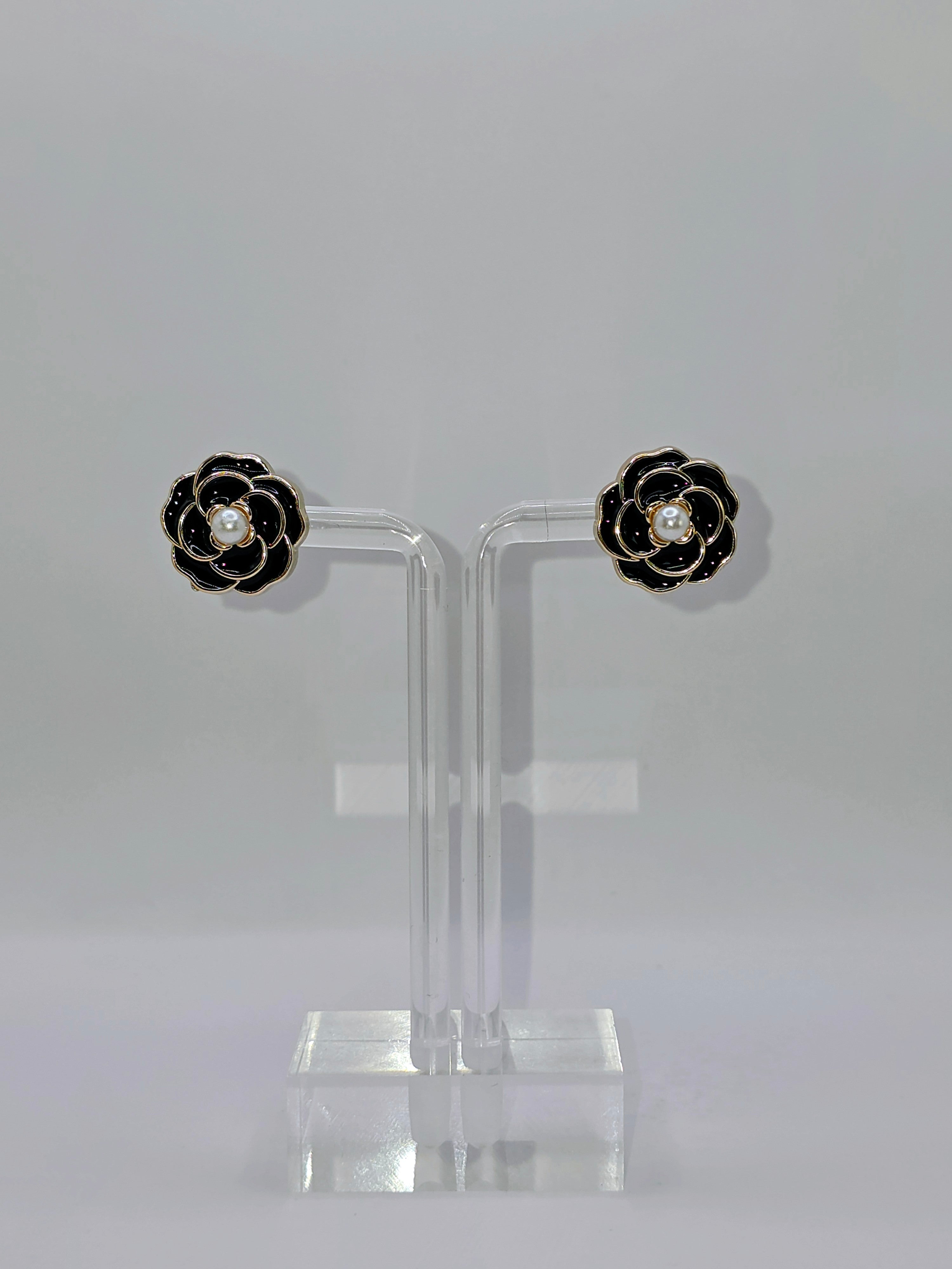 Black Camellia Flower Stud Earrings