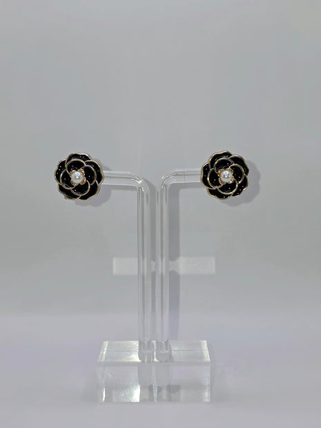 Black Camellia Flower Stud Earrings