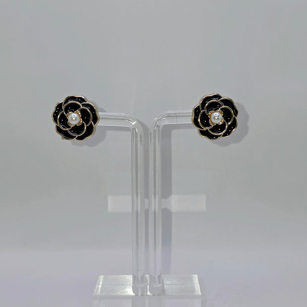 Black Camellia Flower Stud Earrings