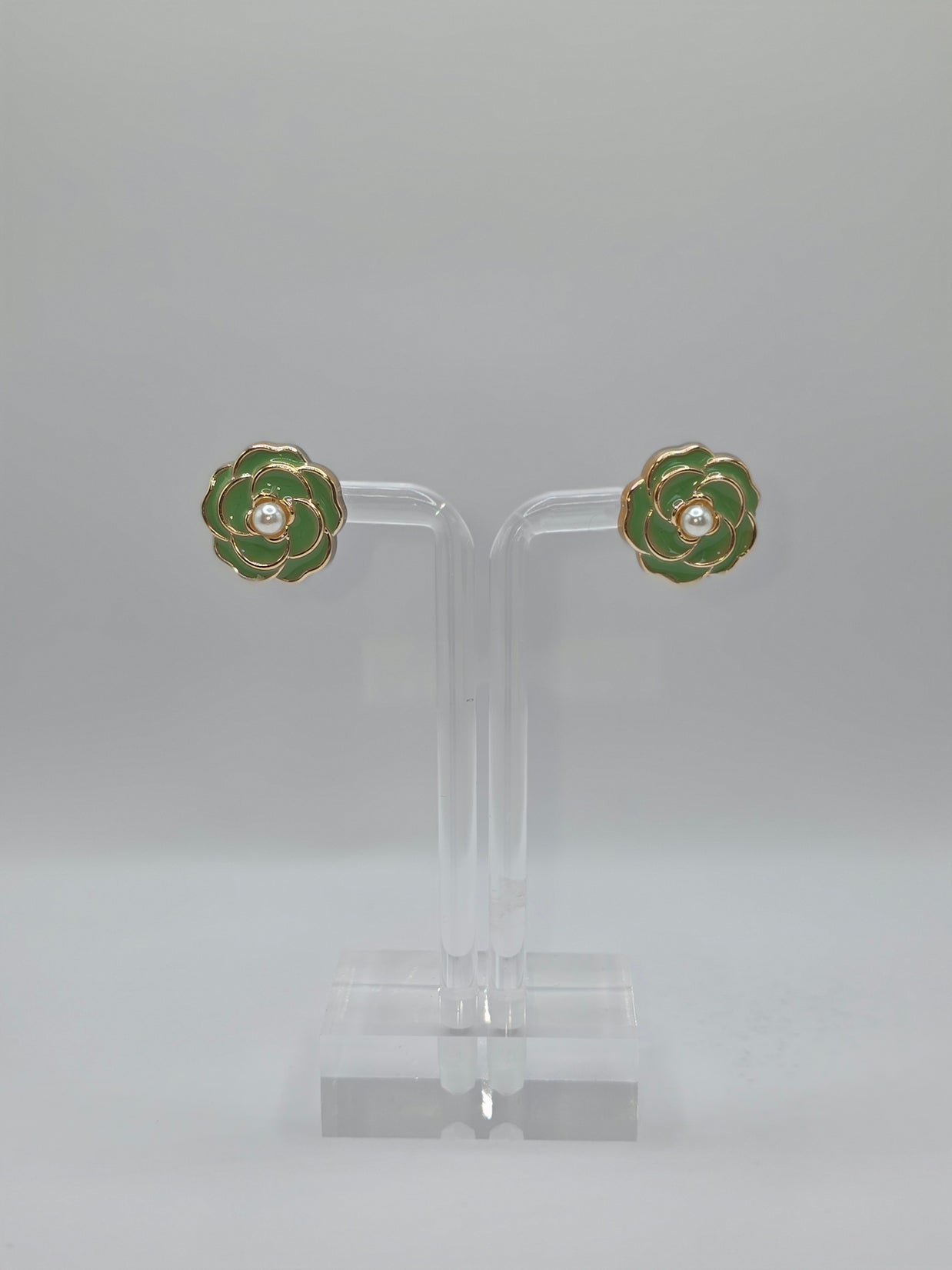 Green Camellia Flower Stud Earrings