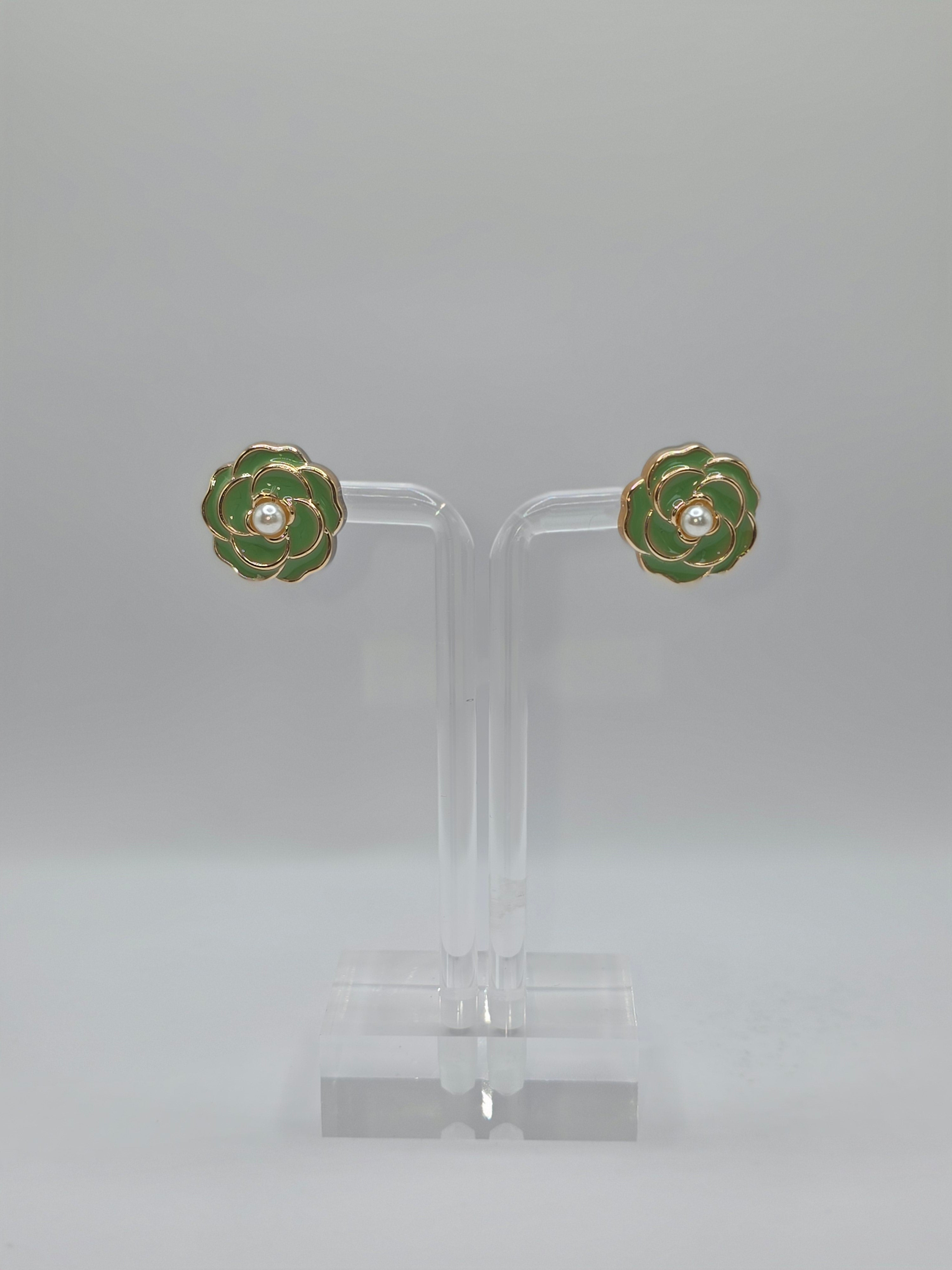 Green Camellia Flower Stud Earrings