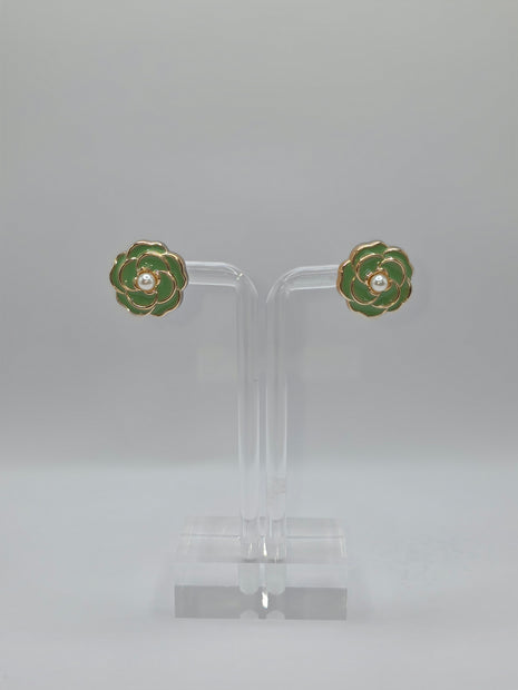 Green Camellia Flower Stud Earrings