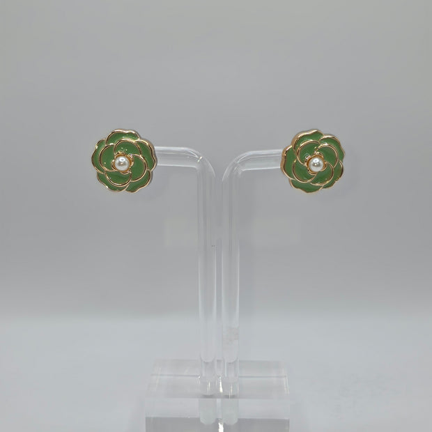 Green Camellia Flower Stud Earrings